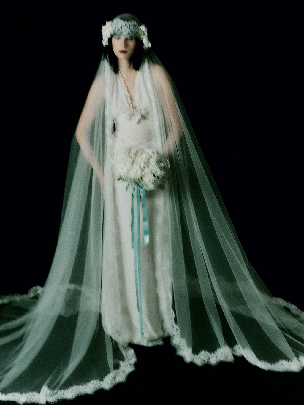 Luna Ivory Silk Velvet and Lace Halter Gown