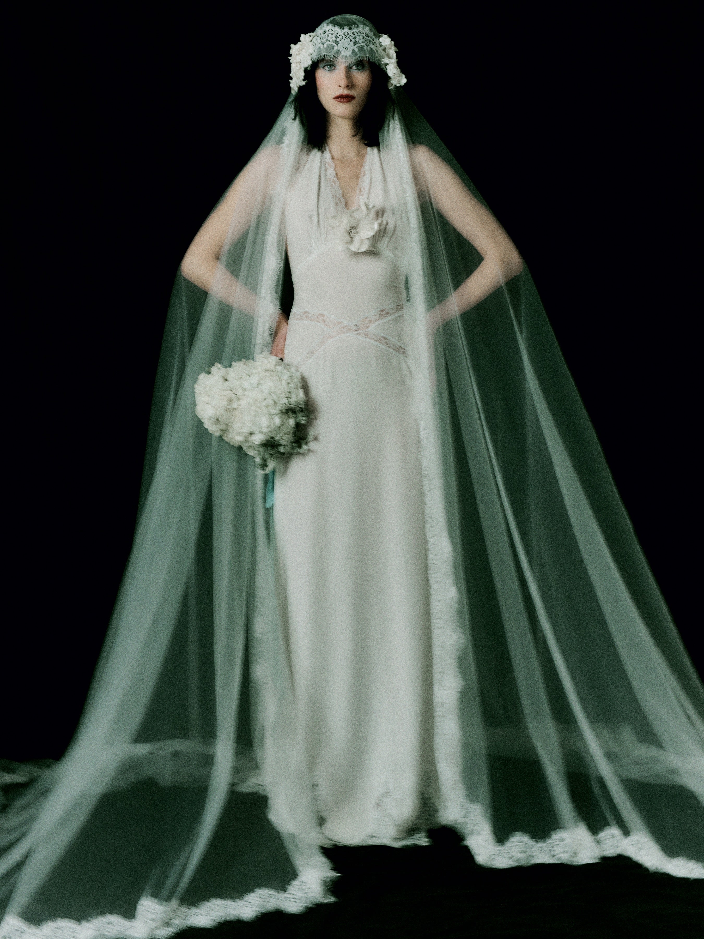 Luna Ivory Silk Velvet and Lace Halter Gown