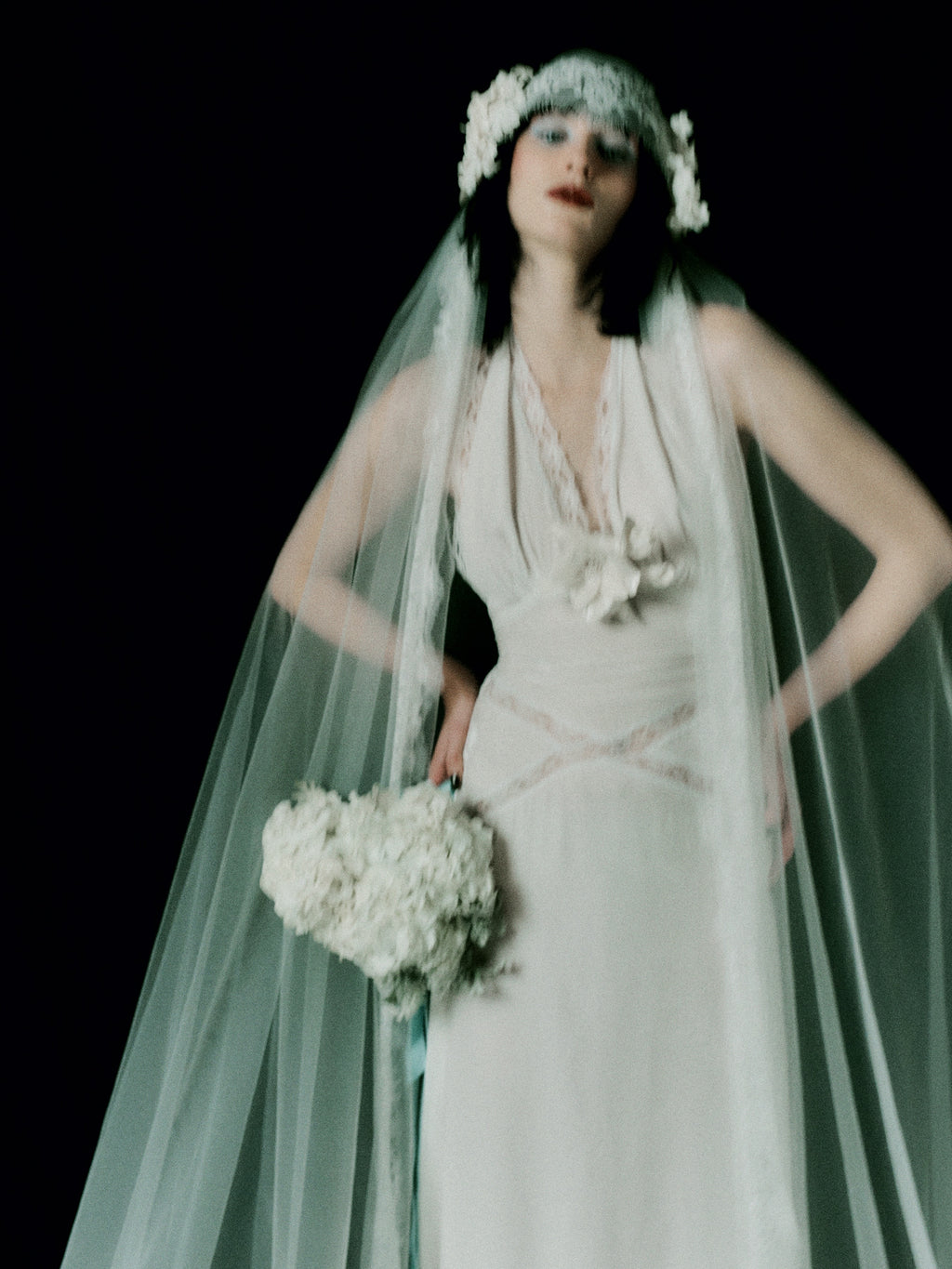 Luna Ivory Silk Velvet and Lace Halter Gown