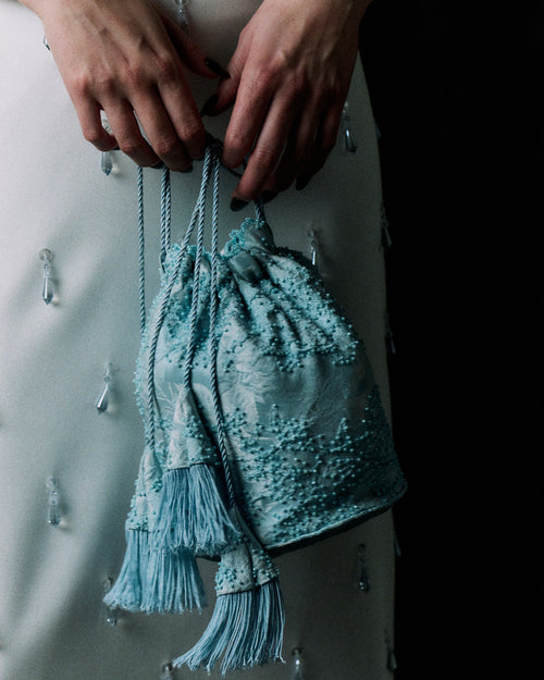 Anemone Pastel Blue Jacquard Drawstring Handbag