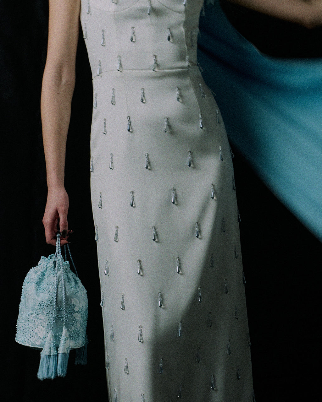 Anemone Pastel Blue Jacquard Drawstring Handbag