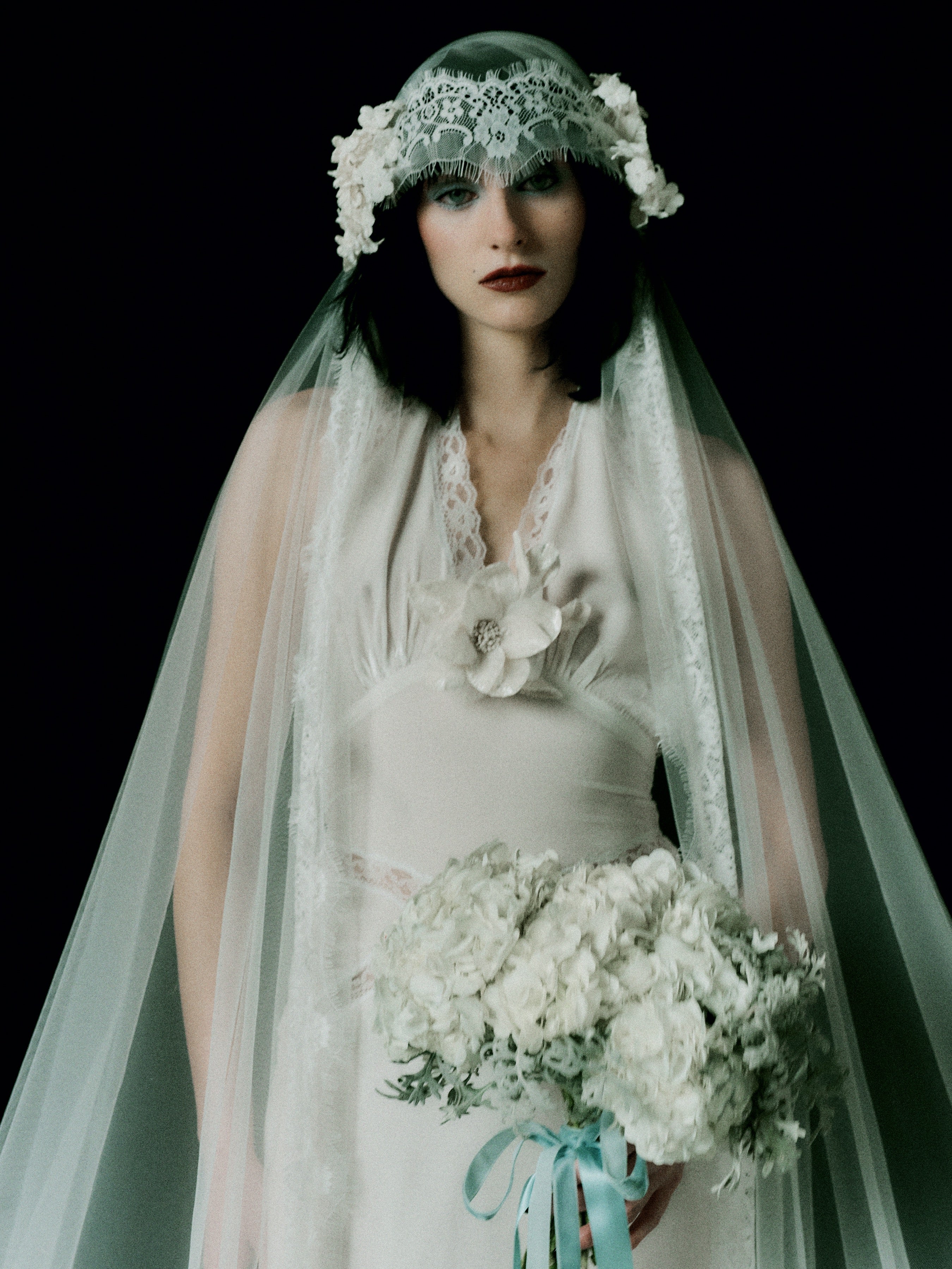 Luna Ivory Silk Velvet and Lace Halter Gown
