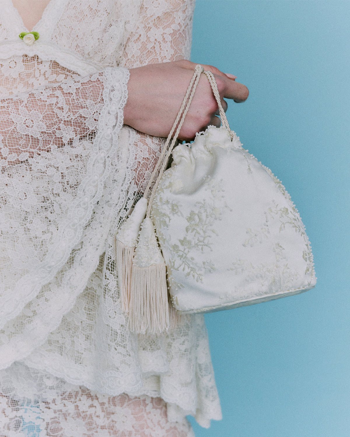 Anemone Ivory Jacquard Drawstring Handbag