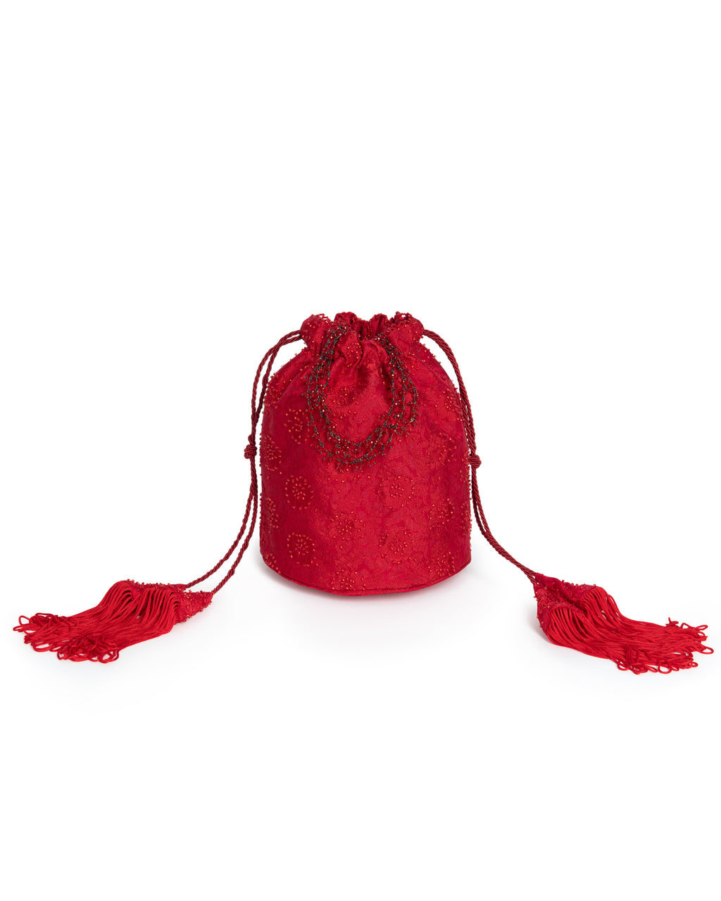 Anemone Red Silk Jacquard Drawstring Handbag
