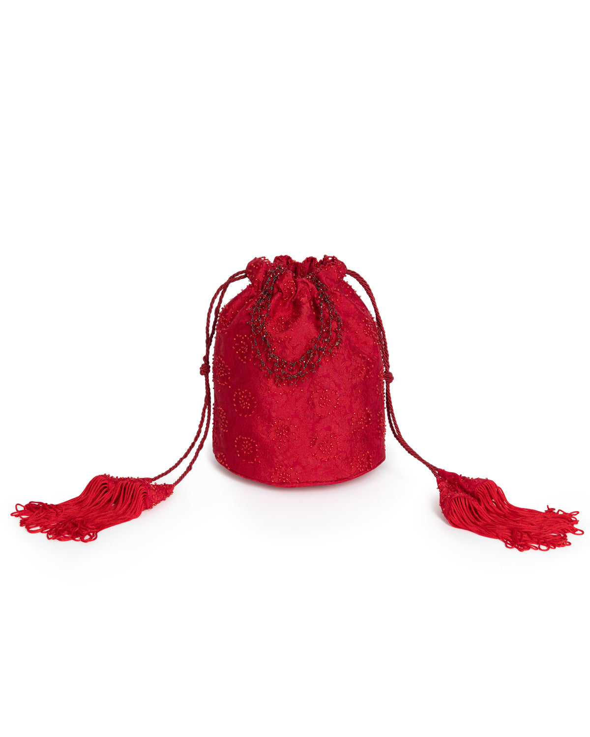 Anemone Red Silk Jacquard Drawstring Handbag
