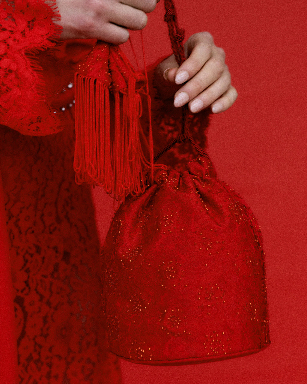 Anemone Red Silk Jacquard Drawstring Handbag