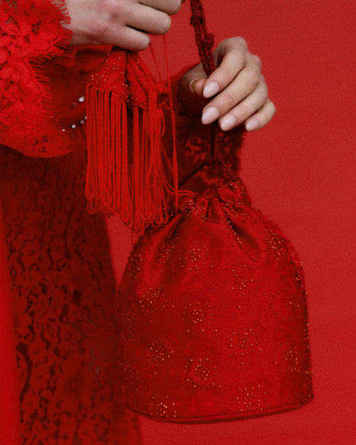 Anemone Red Silk Jacquard Drawstring Handbag