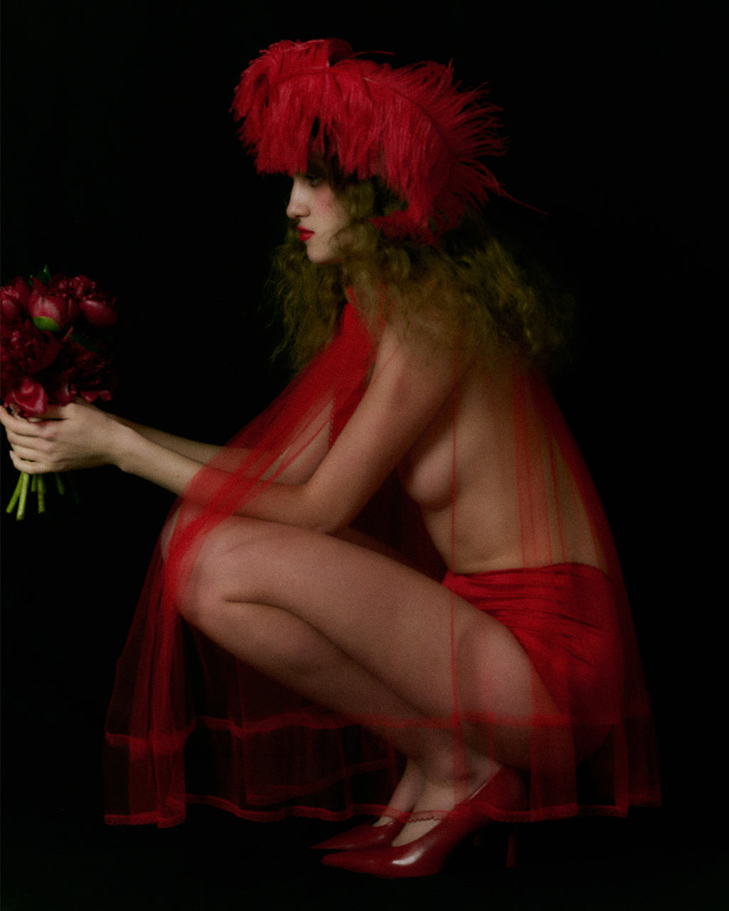 Anita Red Tulle Cape with Velvet Bow Tie