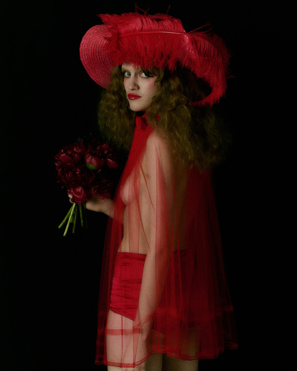 Anita Red Tulle Cape with Velvet Bow Tie